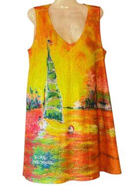 Leoma Lovegrove Sleeveless Stretch Dress Sailboat Motif V-Neck Pockets Beach 1X